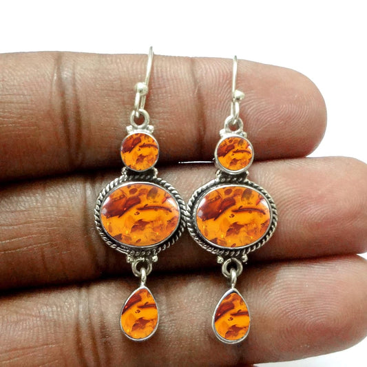 Fine Sterling Silver Dangle Earrings for Women & Girls Genuine Amber Dangle Drop Earrings Sterling Silver Dangle Drop Earrings Oval Gemstone Trendy Drop Dangle Earrings - WORLD TIME VISITS
