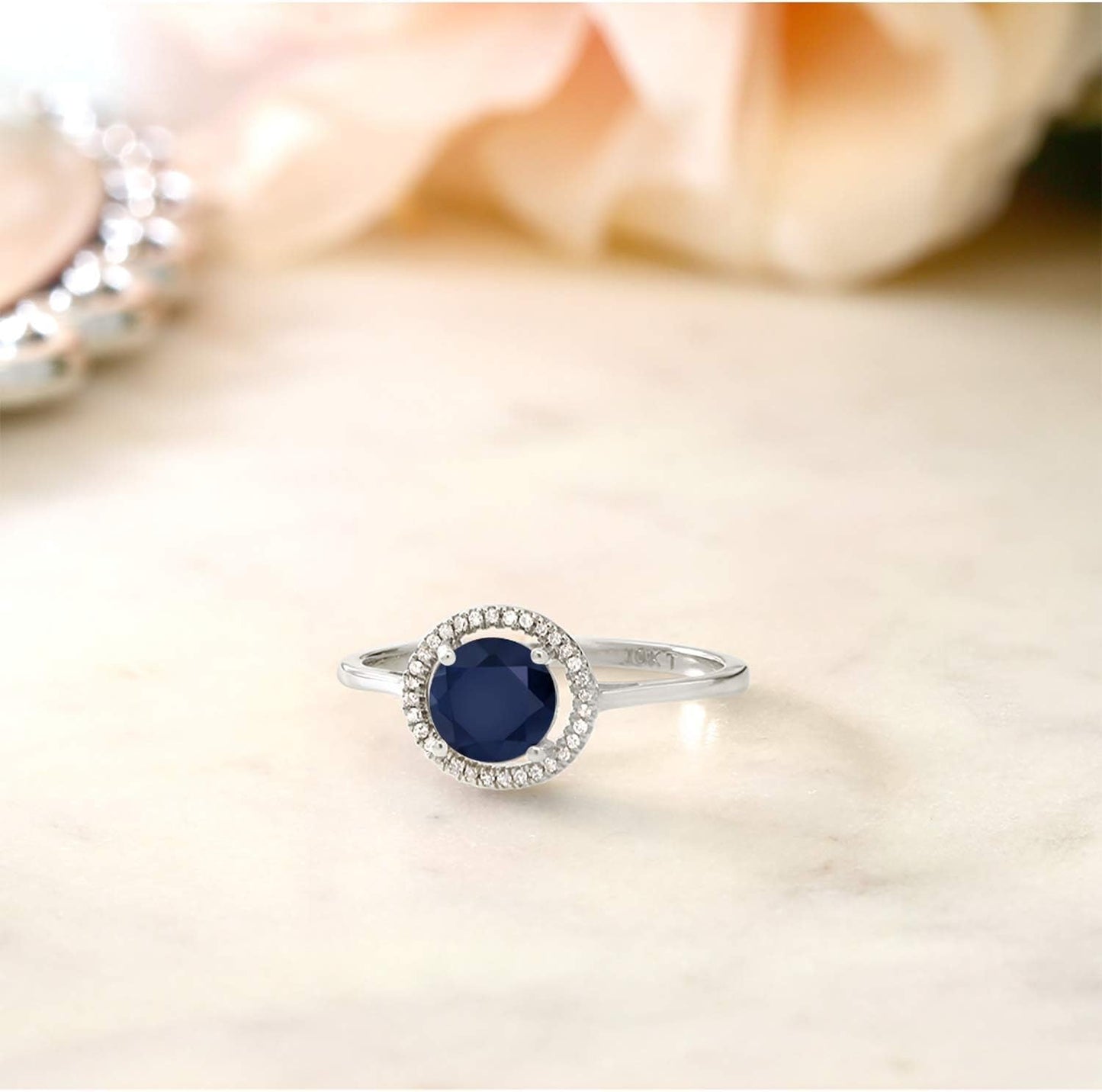 10K White Gold Gemstone Birthstone and Diamond Halo Promise Wedding Engagement Ring | round 6MM | White Gold Ring for Women