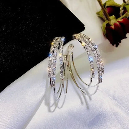 Plated Silver Needle and Diamond Circle Earrings Female Korean Temperament Personality Hoop Earrings Korean Trend Multi-Layer Earrings