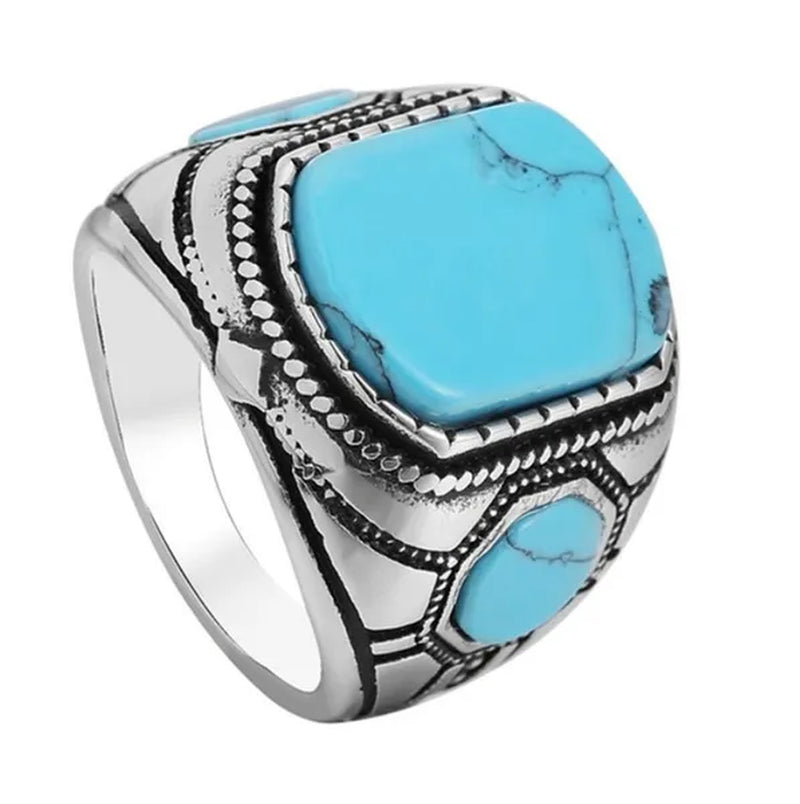 Punk Rock Vintage Classic Blue Cube Turquoise Ring Titanium Steel Retro Fine Rings for Men Boy Cool Jewelry Fashion Accessories - WORLD TIME VISITS