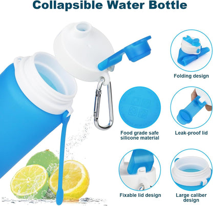 Collapsible Water Bottle, 19Oz Foldable Water Bottle BPA Free Reusable Lightweight Leak-Proof Travel Silicone Water Bottle for Travel, Gym, Hiking, Office, Camping(Blue)