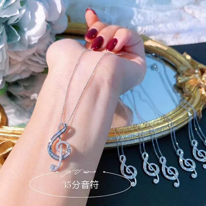 Fashion Jewelry  35 Points Note Music Notation 925 Sterling Silver Diamond Pendant Necklace