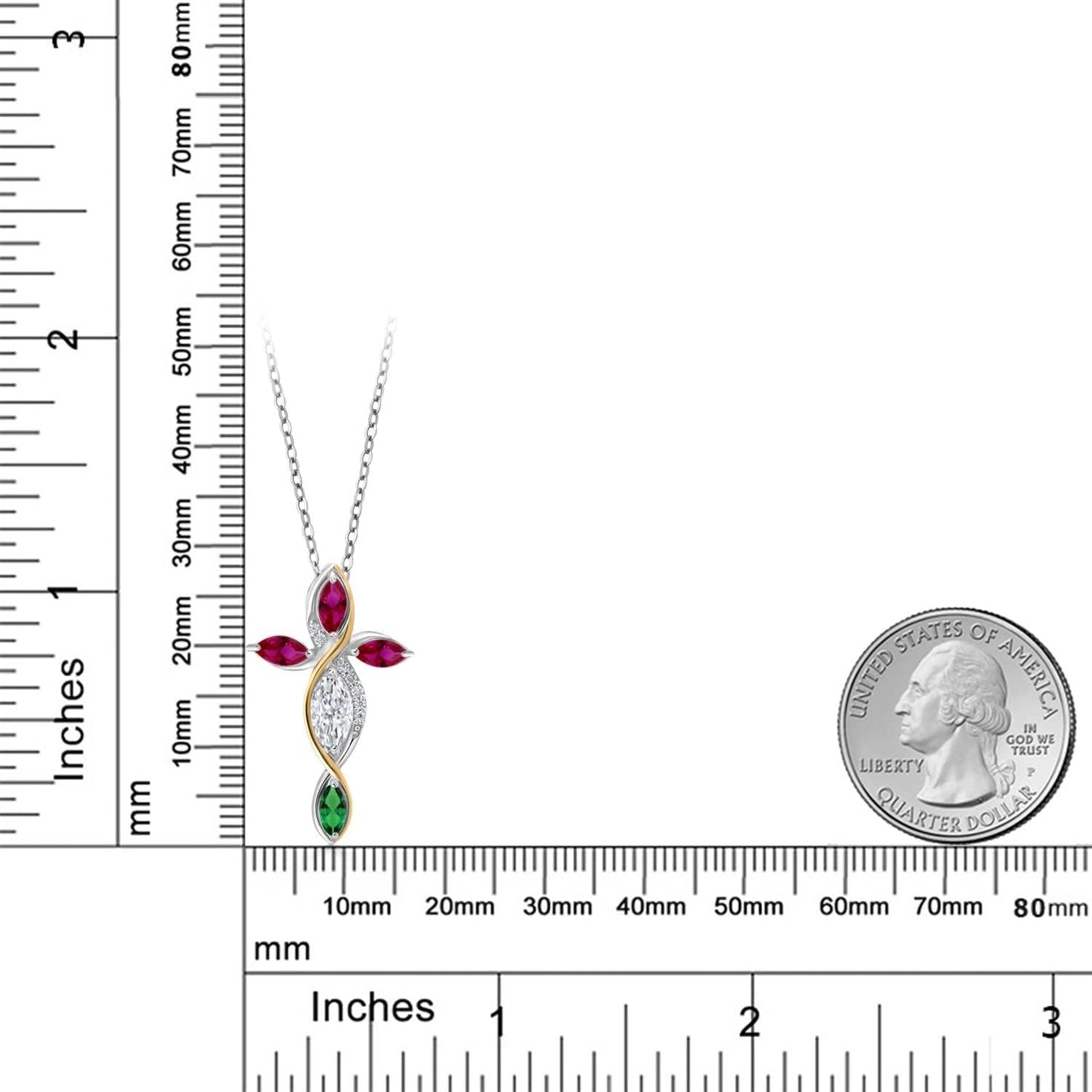 Cross Necklace for Women in 925 Silver and 10K Yellow Gold with Moissanite and Created Ruby and Nano Emerald | 1.62 Cttw | Jesus Christian Religious Crucifix | Marquise 8X4MM | with 18 Inch Chain