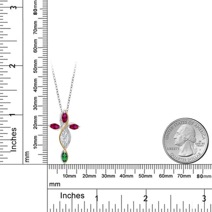 Cross Necklace for Women in 925 Silver and 10K Yellow Gold with Moissanite and Created Ruby and Nano Emerald | 1.62 Cttw | Jesus Christian Religious Crucifix | Marquise 8X4MM | with 18 Inch Chain