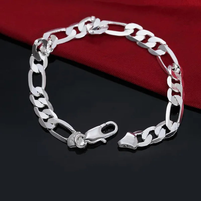 FASHION Mens Italian Sterling Silver Solid Figaro Link Chain Bracelet 8MM Men'S Figaro Link Bracelet