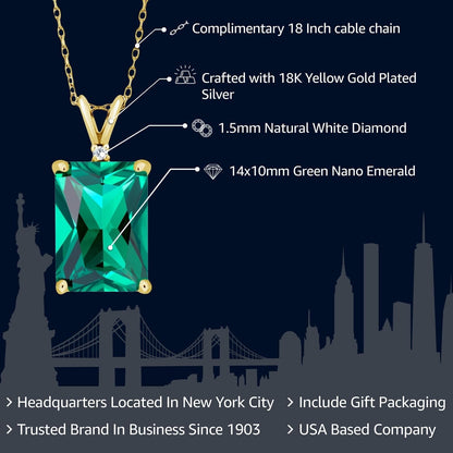 18K Yellow Gold Plated Silver Green Nano Emerald and White Diamond Pendant Necklace for Women (6.52 Cttw, Gemstone May Birthstone, Emerald Cut 14X10MM, with 18 Inch Silver Chain)