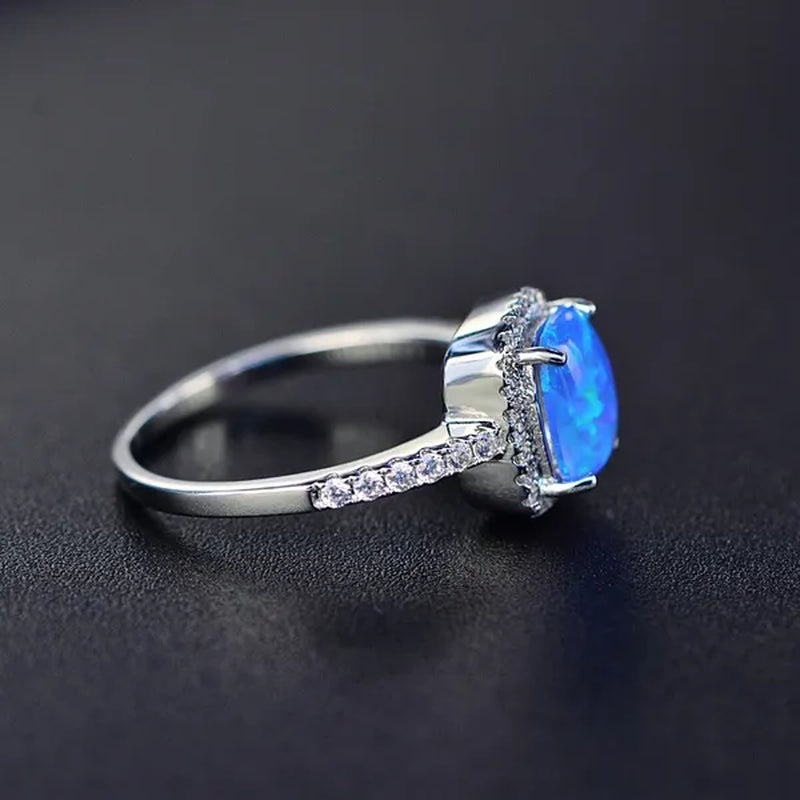 Cushion Cut Opal & CZ 925 Sterling Silver Engagement Wedding Ring for Women Girl Size 5-11