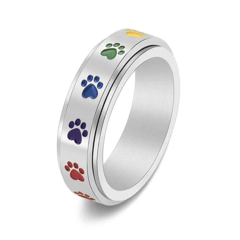 Women Men Multicolor Cartoon Cute Dog Footprints Spinner Ring Gay Lesbian LGBT Pride Stainless Steel Rainbow Color Cat Claw Paw Prints Rotatable Rings Engagement & Wedding Band Size 6-12 Black / Silver / Gold / Rose Gold - WORLD TIME VISITS