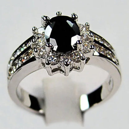 925 Silver Plated Black Sapphire Gemstones Party Ring Women's Fashion Jewelry Size 6-10
