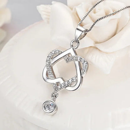 New Fashion 925 Silver  Women Double Heart Diamond Pendant Chain Necklace Jewelry Gifts for Love(Pendant and Chain)