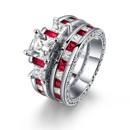 Two Rings Couple Ring His Hers Three-Stone Ring White Gold Plated Ruby CZ Womens Ring Sets Wood Tungsten Steel Men'S Ring