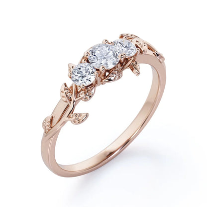 Trio Stone - 0.5 Carat round Shaped Diamond - Botanical Design Engagement Ring - 10K Rose Gold