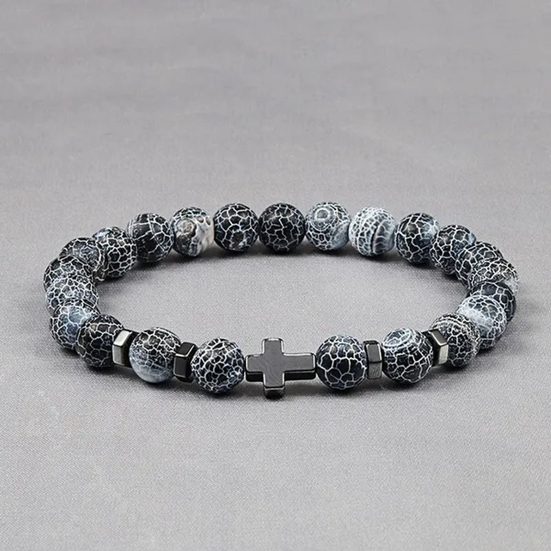 Hot Men Natural Tiger Eye Beads Hematite Cross Bracelets Onyx Meditation Prayer Bead Bracelet Women Stone Yoga Jewelry Homme