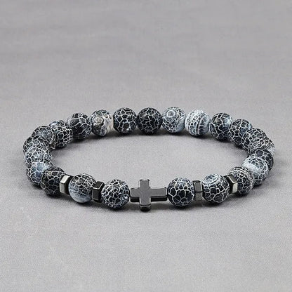 Hot Men Natural Tiger Eye Beads Hematite Cross Bracelets Onyx Meditation Prayer Bead Bracelet Women Stone Yoga Jewelry Homme