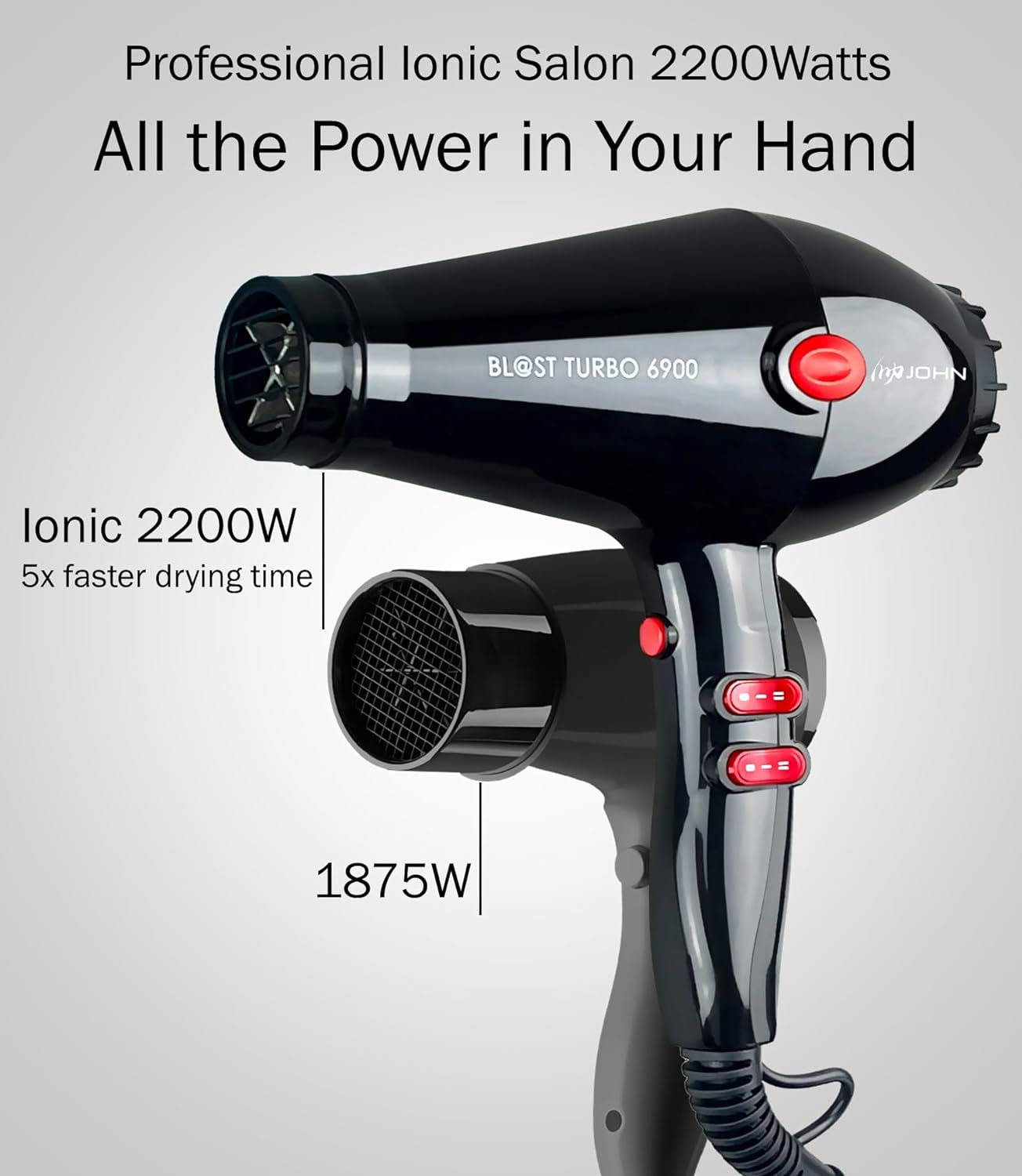 Super Fast Drying Hair Dryer, Ionic 2200W Professional Salon Blow Dryer, 2 Concentrator Nozzles, Blast Turbo 6900, Black - WORLD TIME VISITS