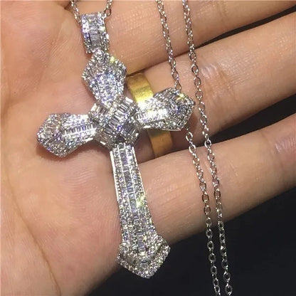 Luxury Big Cross Pendants 5A Zircon Cz Diamond Silver Wedding Pendant with Necklace for Women Men Jewelry