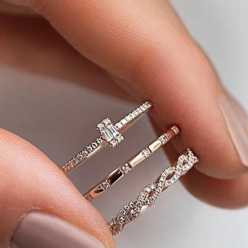 3PCS/Set Charm Cubic Zirconia Thin Stackable Twisted Ring Set Women Zircon Engagement Wedding Rings Band Rose Gold Plated Rings Jewelry Size US 5 -10