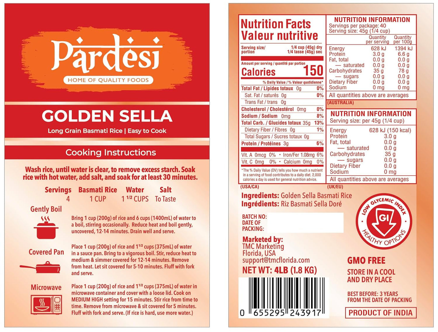 Basmati Golden Sella Parboiled Rice 4LB - Easy to Cook - Low Glycemic Index