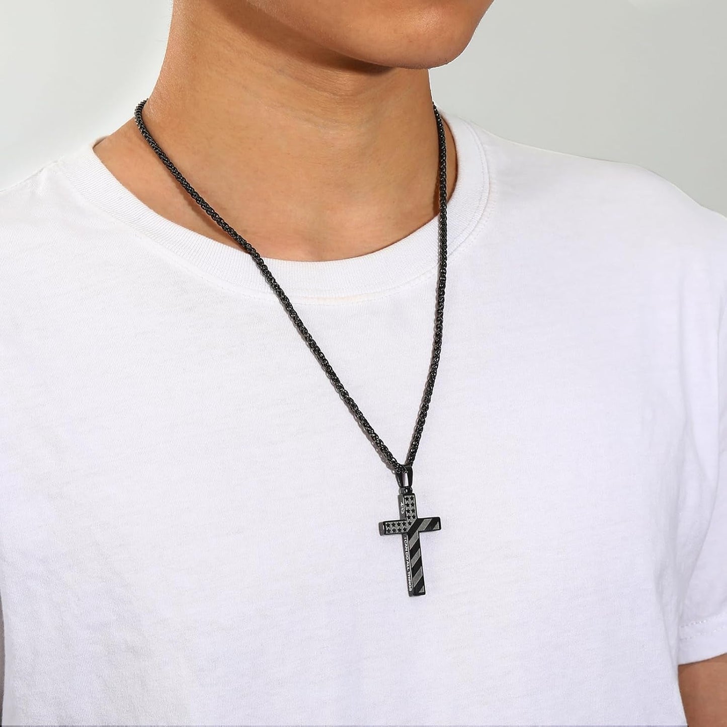 Valentines Day Gifts for Him Cross Necklace for Men Boys, 316L Stainless Steel American Flag Bible Verse Christmas Christian Catholic Baptism Confirmation Gifts 22+2 Inches