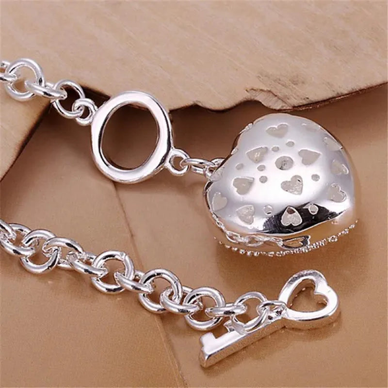 925 Sterling Silver Bracelet Jewelry Shiny Crystal Heart Key Bracelet for Women Christmas Gift
