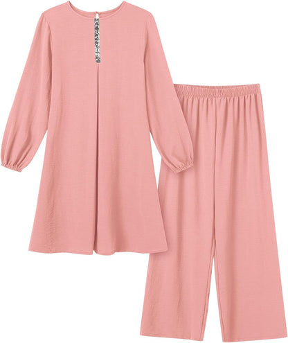 Abayas Dress for Women Muslim Long Sleeve Loose Top Pants 2 Pcs Dubai Islamic Muslim Women Matching Sets