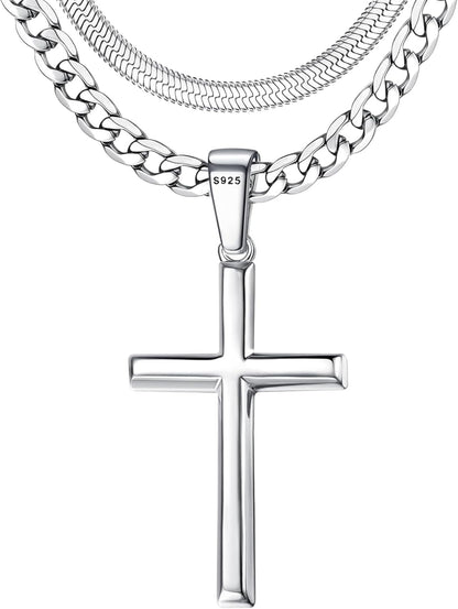 925 Sterling Silver Cross Necklace for Men - Waterproof Layered Sterling Silver Cross Pendant Necklaces Stainless Steel Cuban Link Herringbone Cross Chain Necklace Set Jewelry Gifts 16-30 Inches - WORLD TIME VISITS