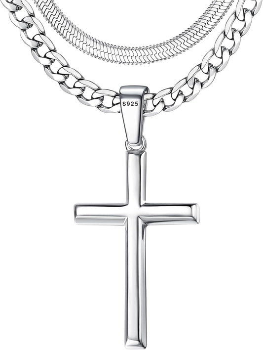 925 Sterling Silver Cross Necklace for Men - Waterproof Layered Sterling Silver Cross Pendant Necklaces Stainless Steel Cuban Link Herringbone Cross Chain Necklace Set Jewelry Gifts 16-30 Inches - WORLD TIME VISITS