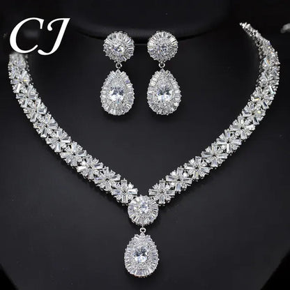 CANDICE Twinkling CZ Stone Setting Luxury Water Drop Pendant Necklace and Earrings Elegant White Gold Plating Jewelry Wedding Set Bridal Accessories for Bride