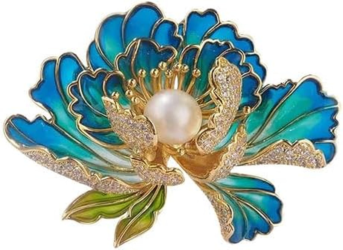 Classical Enamel Blue Peony Flower Brooch, Natural Freshwater Pearl, Exquisite High-End Chinese Style Cheongsam Hanfu Accessory Pin