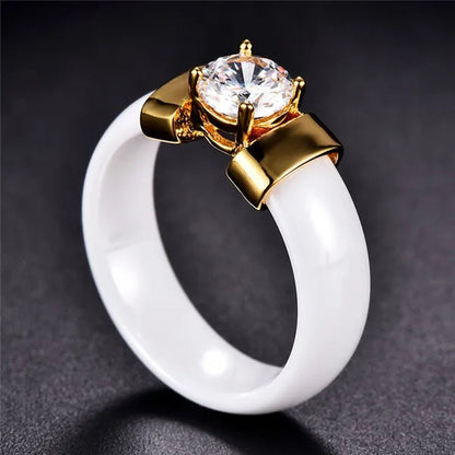 Fashion Male And Female Anti Allergy Black White Ceramic Ring Silver Gold Color  Diamond Solitare Ring Wedding Rings For Couple