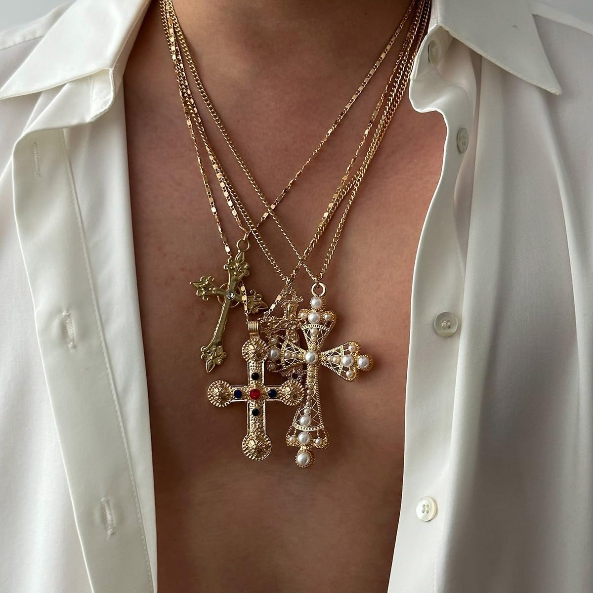Cross Pendant Necklace Set for Women Punk Grunge Imitation Pearl Cross Layered Chain Necklace Statement Y2K Jewelry - WORLD TIME VISITS