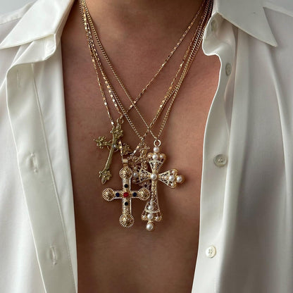 Cross Pendant Necklace Set for Women Punk Grunge Imitation Pearl Cross Layered Chain Necklace Statement Y2K Jewelry - WORLD TIME VISITS