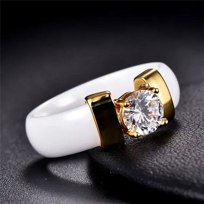 Fashion Male And Female Anti Allergy Black White Ceramic Ring Silver Gold Color  Diamond Solitare Ring Wedding Rings For Couple