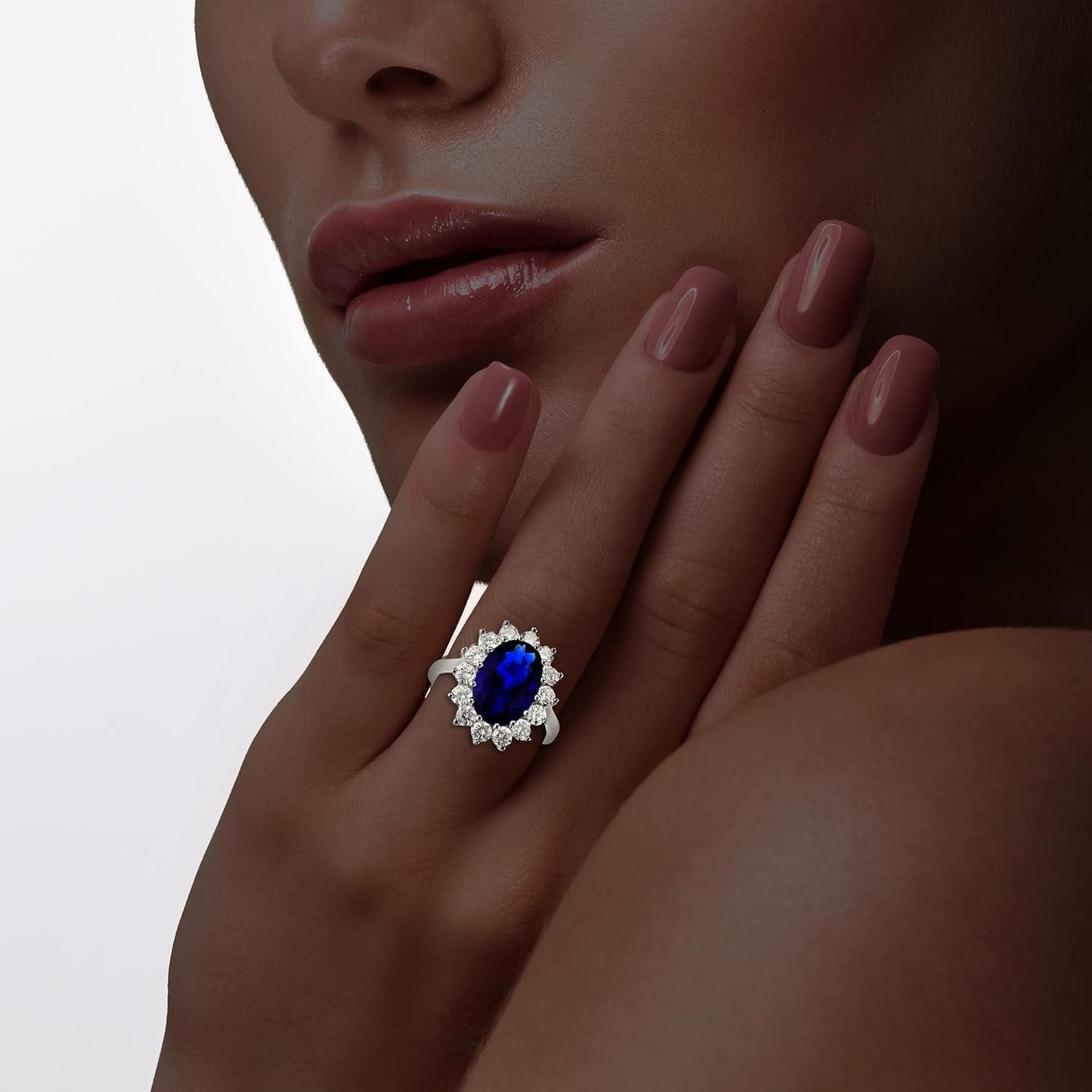 Sterling Silver Large Oval Created Blue Sapphire and Clear Cubic Zirconia Statement Bridal Engagement Princess Diana/Kate Middleton Royal Ring - WORLD TIME VISITS