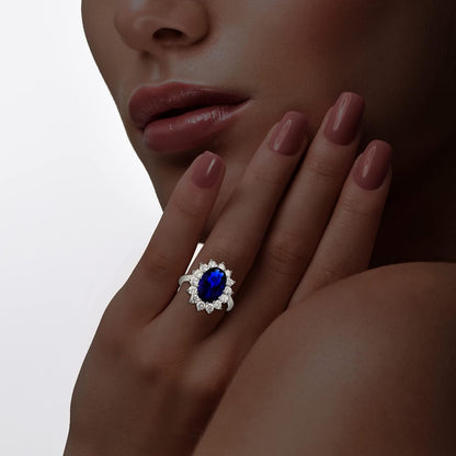 Sterling Silver Large Oval Created Blue Sapphire and Clear Cubic Zirconia Statement Bridal Engagement Princess Diana/Kate Middleton Royal Ring - WORLD TIME VISITS