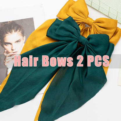 Hair Bows 2 PCS, Hair Bows for Women, Oversized Long-Tail Cute Aesthetic Hair Accessories, Large Hair Barrettes for Women, Big Bows for Girls (Dark Green, Bright Yellow)