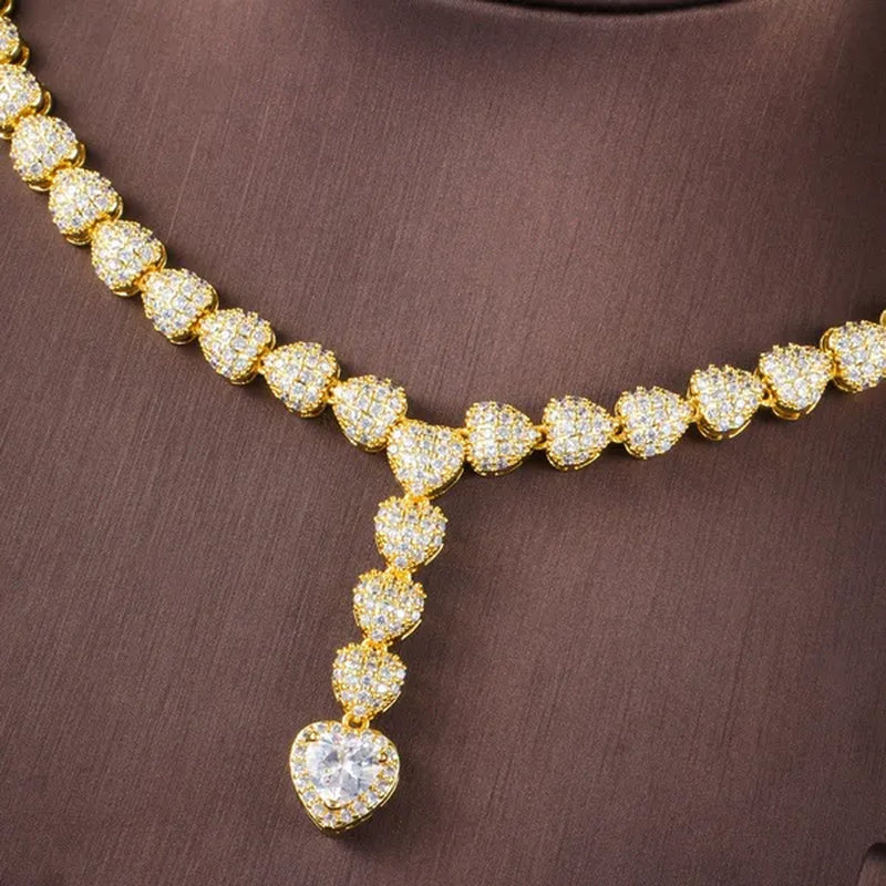 CANDICE Romantic Heart Charm Drop Necklace Earrings Bracelet Set with Cubic Zirconia Gold Filled Women Ethiopian Jewelry Set for Banquet Party