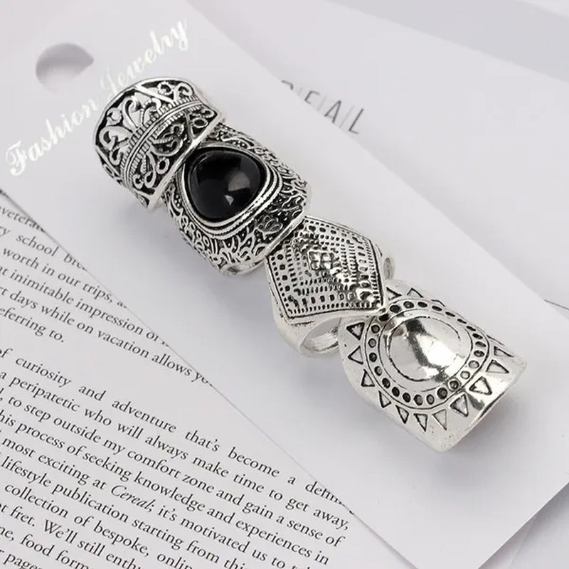 4Pcs/Set Vintage Silver Gypsy Boho Ethnic Ring Hollow Carved Gem Diamond Women  Rings