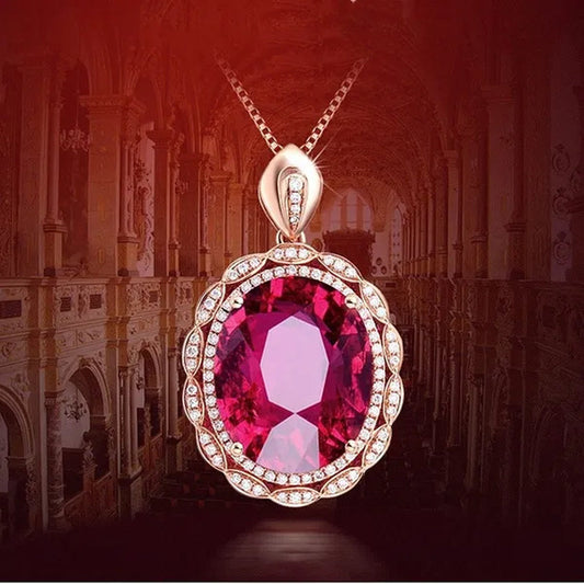 Rose Gold Big Oval Red Crystal Ruby Gemstones Diamonds Pendant Necklaces for Women Vintage Jewelry Choker Chain Bijoux Gifts