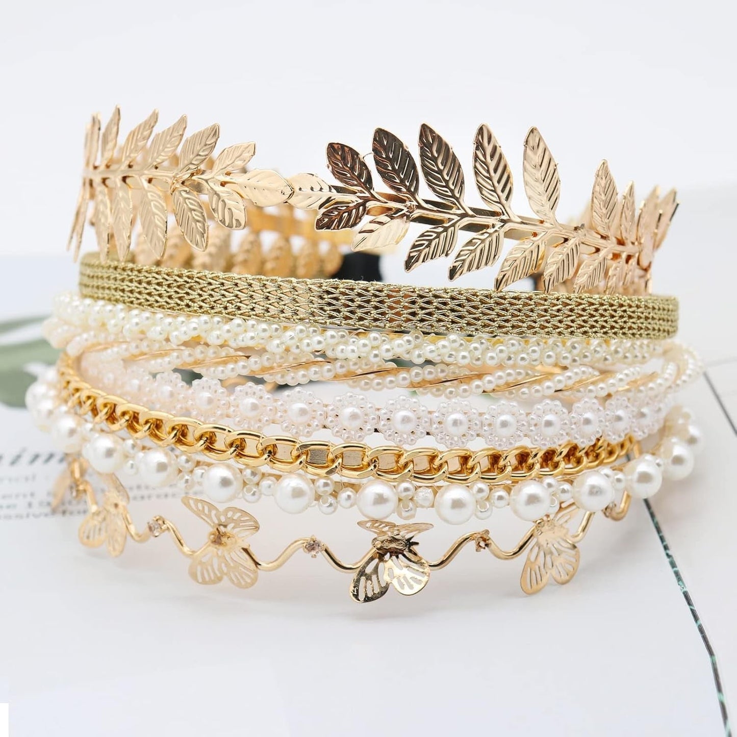 8 PCS Headbands for Women Girls, Gold Pearls Headband Metal Butterfly Flower Head Bands, Bridal Wedding Hair Accessories for Women