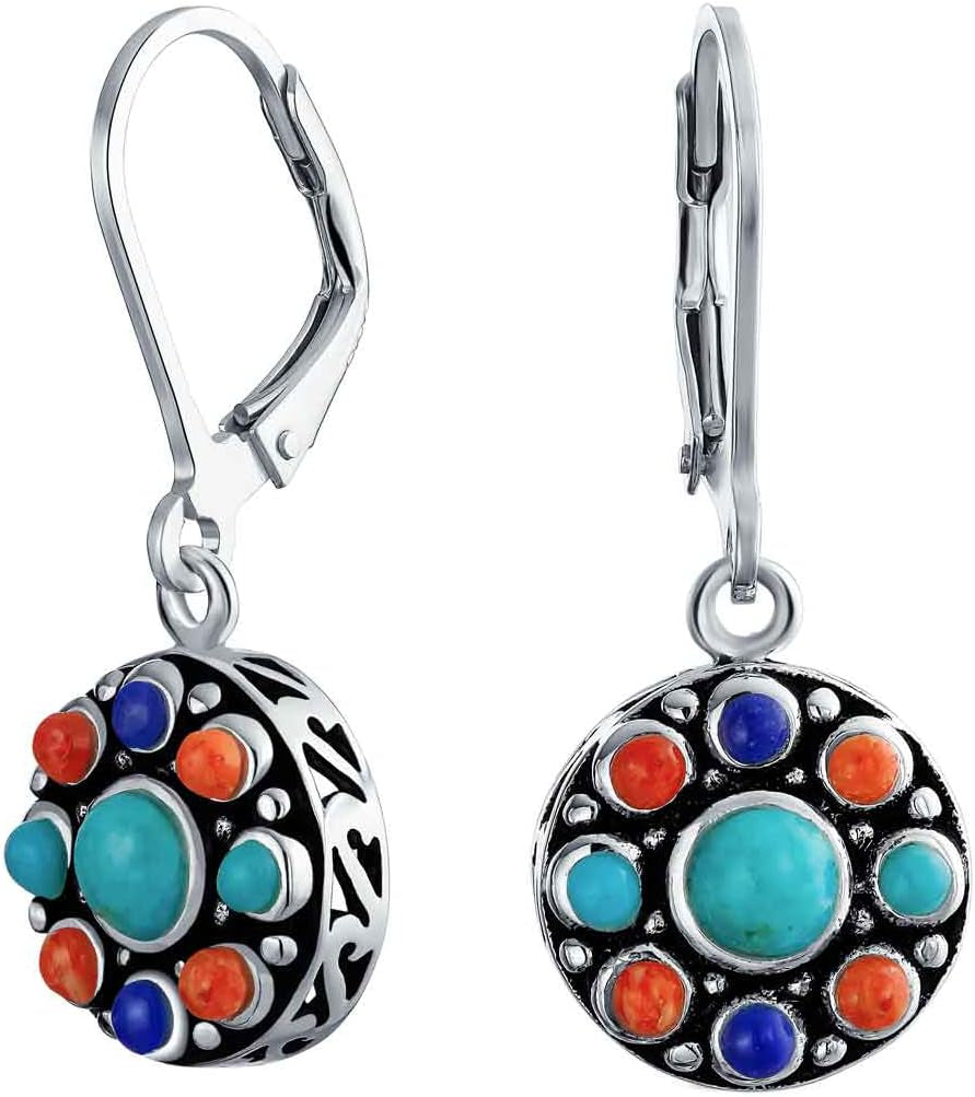 Western Jewelry Multicolor Gemstone Orange Purple Turquoise round Circle Oval Medallion Disc Dangle Earrings for Women Oxidized .925 Sterling Silver Lever Back - WORLD TIME VISITS