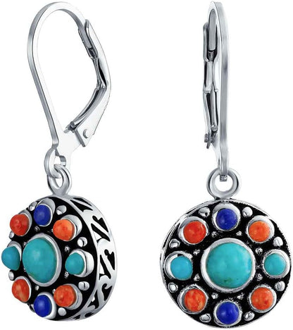 Western Jewelry Multicolor Gemstone Orange Purple Turquoise round Circle Oval Medallion Disc Dangle Earrings for Women Oxidized .925 Sterling Silver Lever Back - WORLD TIME VISITS