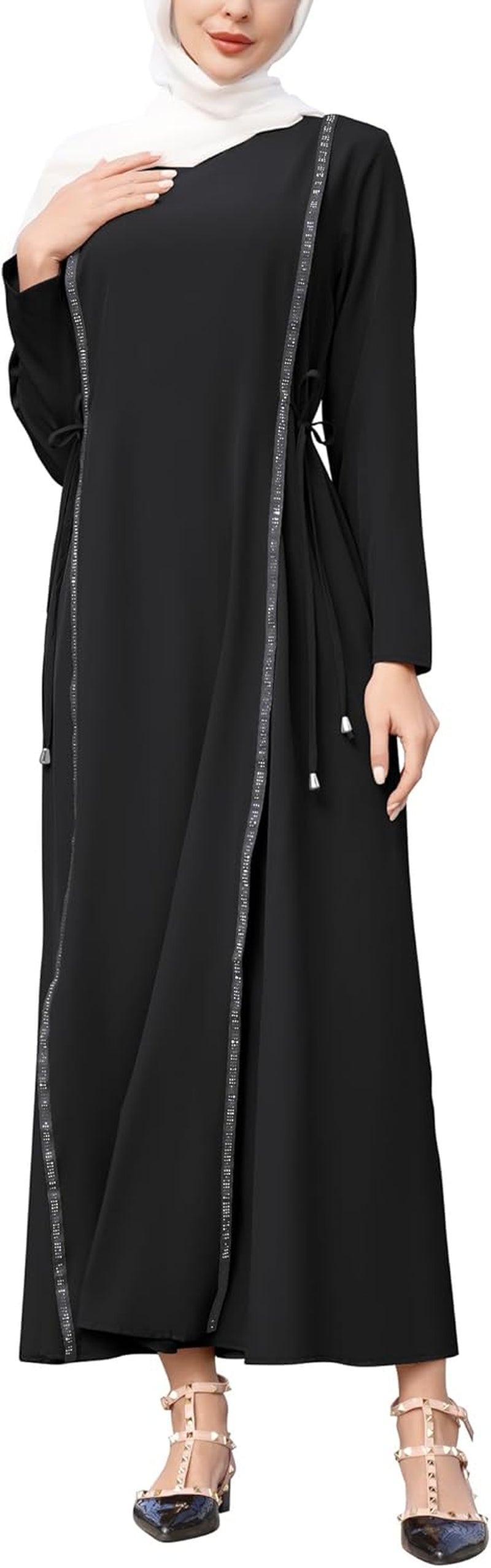 Abay for Women Shiny Self Tie Modest Muslim Dress Ramadan Eid Prayer Clothes Dubai Islamic Jalabiya Arabian Jilbab - WORLD TIME VISITS
