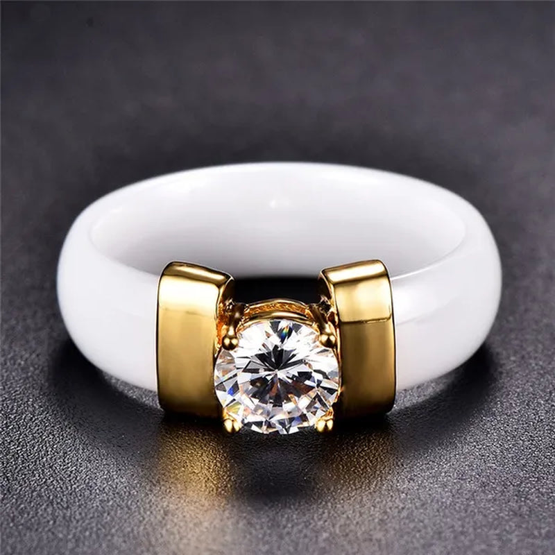 Fashion Male And Female Anti Allergy Black White Ceramic Ring Silver Gold Color  Diamond Solitare Ring Wedding Rings For Couple