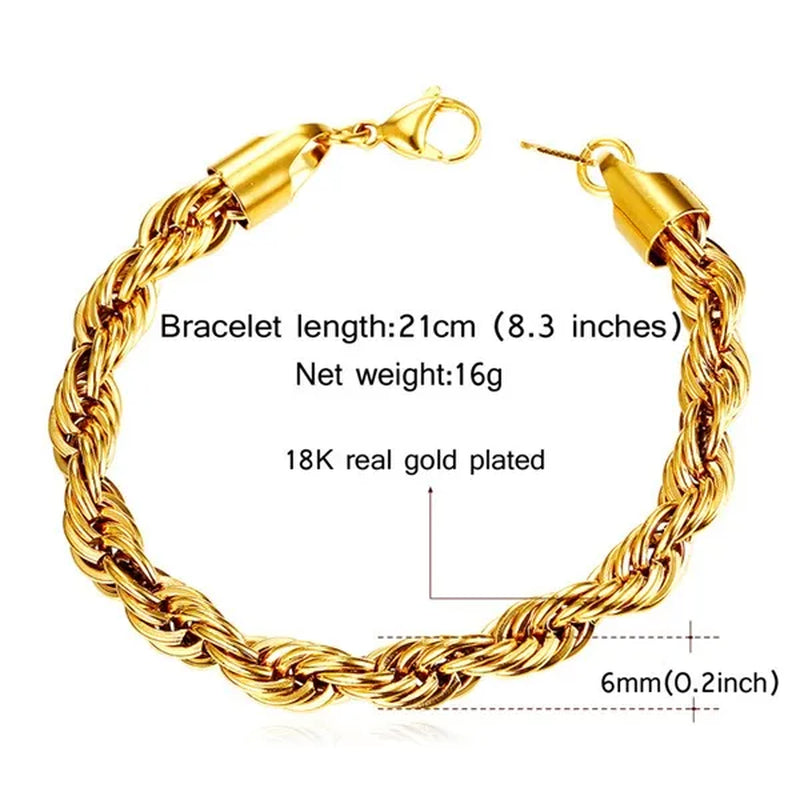 Cool Men Rope Chain Bracelet 6MM 8.3 Inches - 3 Colors Black, Silver, Gold