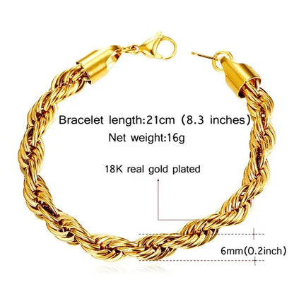 Cool Men Rope Chain Bracelet 6MM 8.3 Inches - 3 Colors Black, Silver, Gold