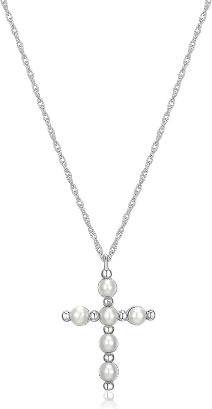 .925 Sterling Silver Gemstone or Cultured Pearl Classic Cross Pendant Necklace on 18" Chain - Choice of Birthstone Colors