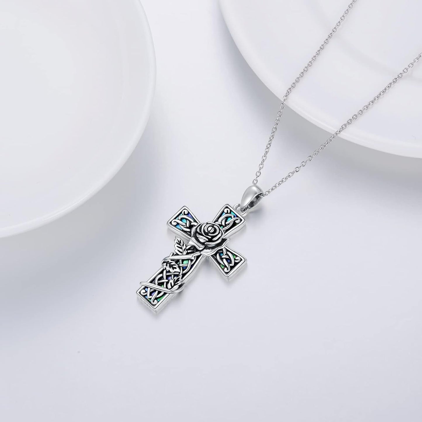 Cross Pendant Necklace with Abalone Shell, Silver Rose Flower Cross Necklace Gift for Women