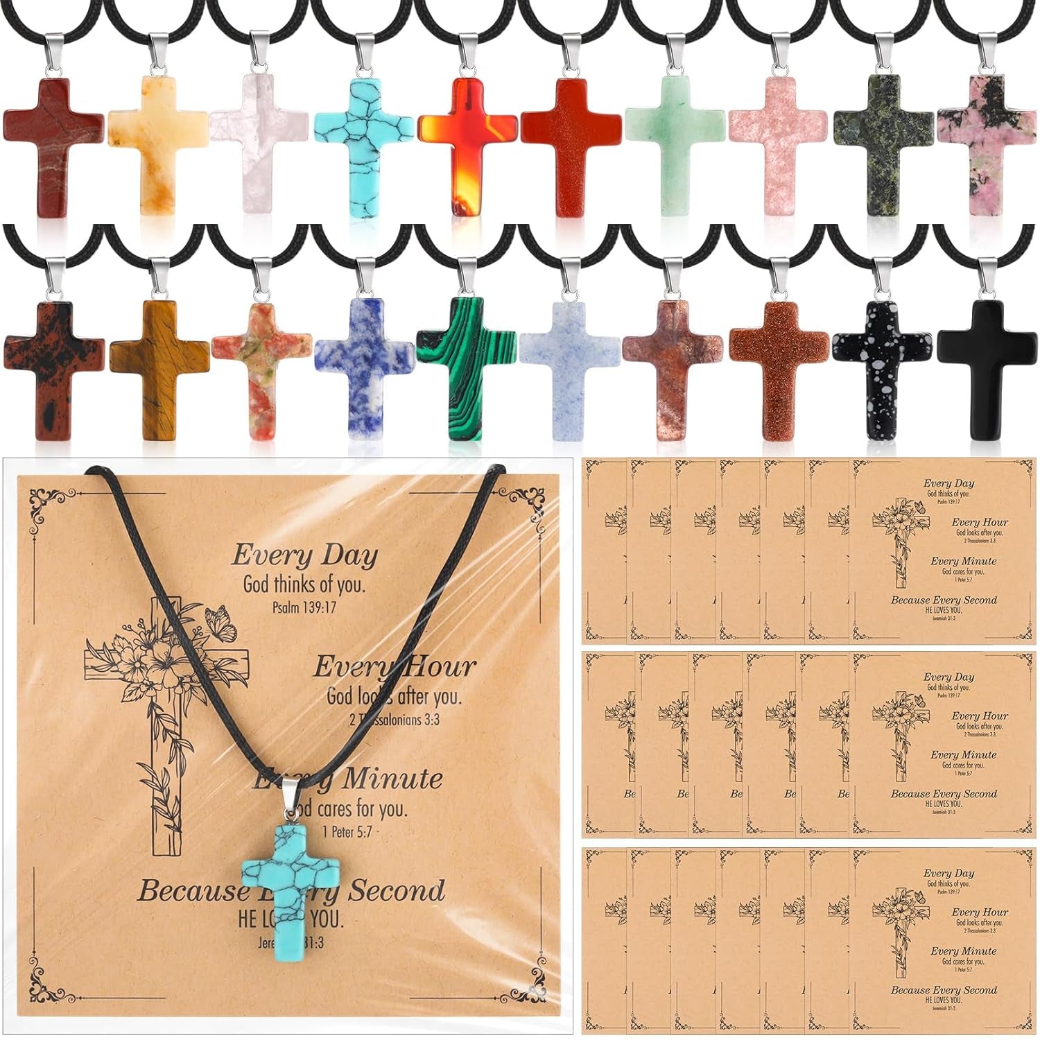 Christian Cross Charms for Jewelry Making Natural Stone Cross Gemstone Pendant Quartz Crystal Charm with Leather Chain and Card for Valentines DIY Necklace Earring Bracelet Gifts - WORLD TIME VISITS