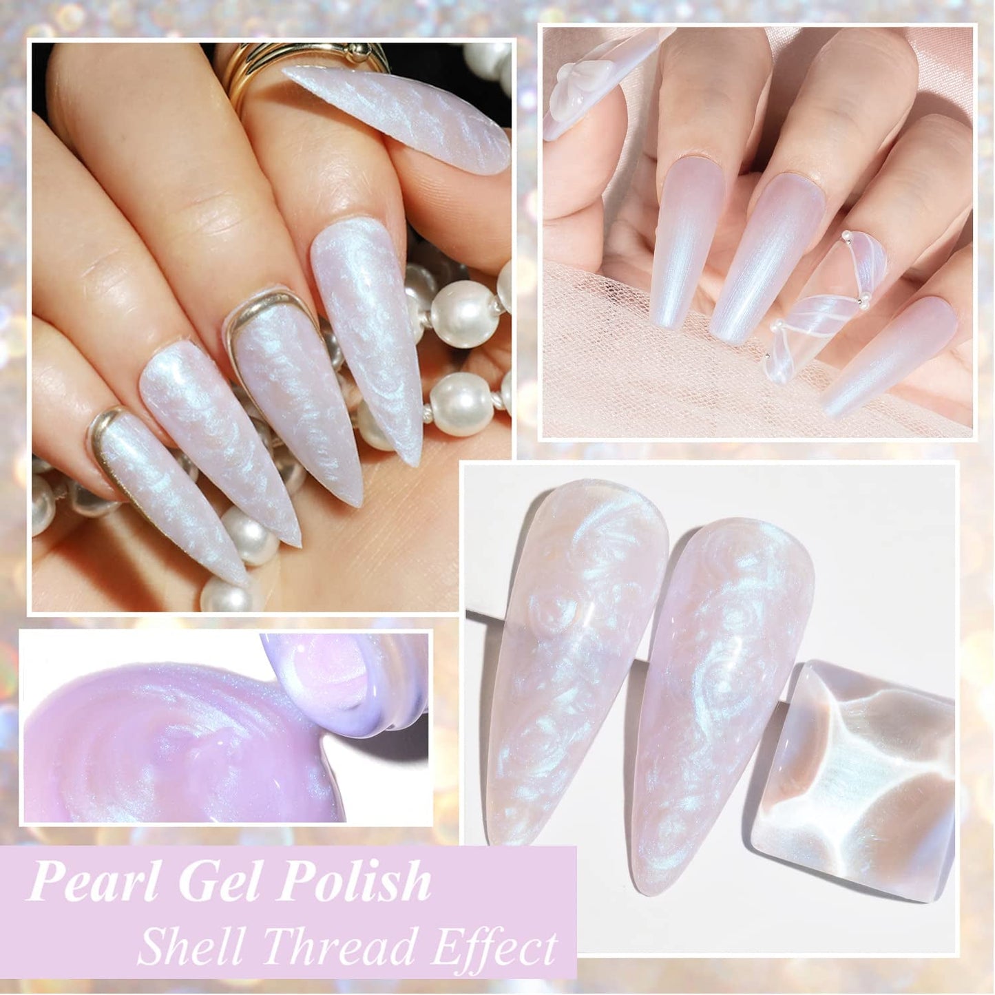 Pearl Gel Nail Polish, Glitter Drawing Mermaid Gel Polish Shell Thread Shimmer Iridescent Nail Gel Soak off Gel Polish for Salon at Home DIY Manicure